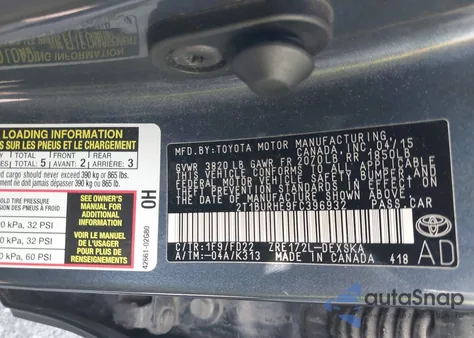 2015 Toyota Corolla S Plus from USA, damaged, VIN 2T1BURHE9FC396932